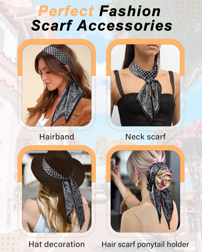 CHLINS Satin Scarf for Women - Printed Head Wrap, Neck Wrap, Lightweight - 57 * 5.5 Inches (Floral + Polka Dots - Black) - Image 4