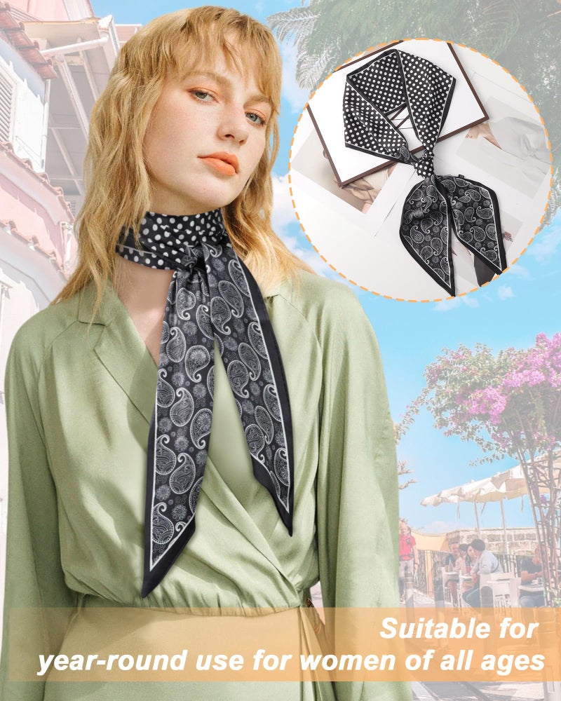 CHLINS Satin Scarf for Women - Printed Head Wrap, Neck Wrap, Lightweight - 57 * 5.5 Inches (Floral + Polka Dots - Black) - Image 3