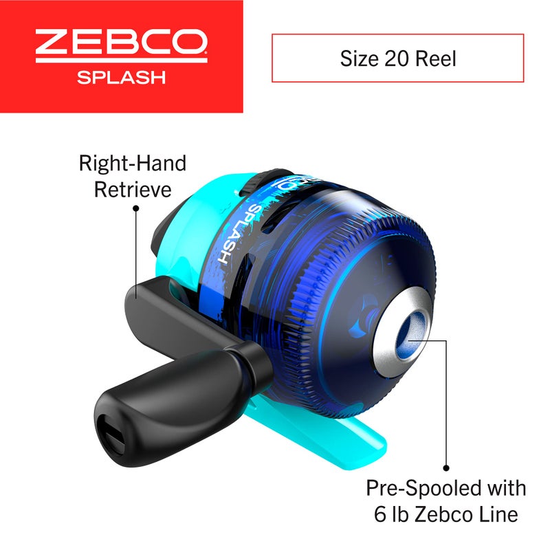 Zebco مجموعة صنارة الصيد وزرابطة زيبكو للأطفال سبلش جونيور، صنارة صيد بطول 4 أقدام، قطعتين، بكرة حجم 20، استرجاع باليد اليمنى، مسبقة التحميل بخط كاجون بوزن 6 باوند، زرقاء - Image 3