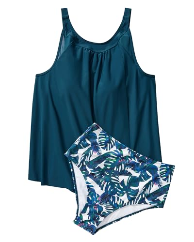 SUUKSESS Women Slimming Tummy Control Tankini Bathing Suits Ruffle High Waisted High Neck 2 Piece Swimsuits(Blue Floral,L) - Image 2