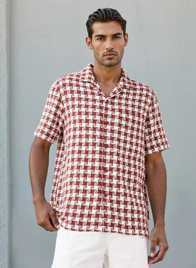 Lee Cooper Regular Fit Printed Shirt with Camp Collar and Short Sleeves