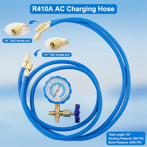 Tigbear R410A Recharge Kit AC Charging Hose, R410A Manifold Gauge Set with R410A Mini Split Adapter 1/4 x 5/16, R134A Tank Adapter 1/4 SAE X 1/2, Low Pressure Manifold Gauge Hose 59’’ - Image 2