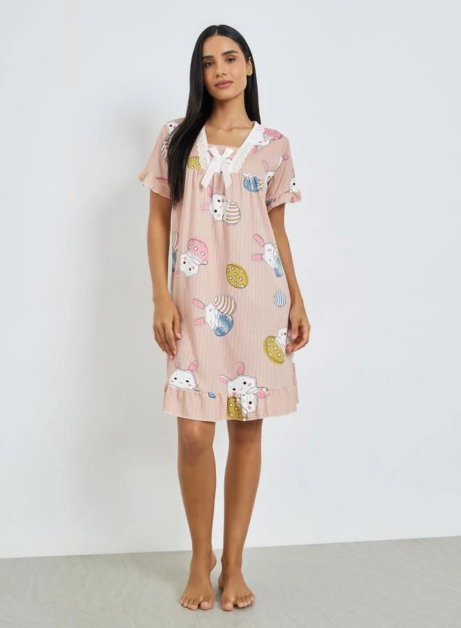 Styli Pink Bunny Print Short Sleeve Nightdress