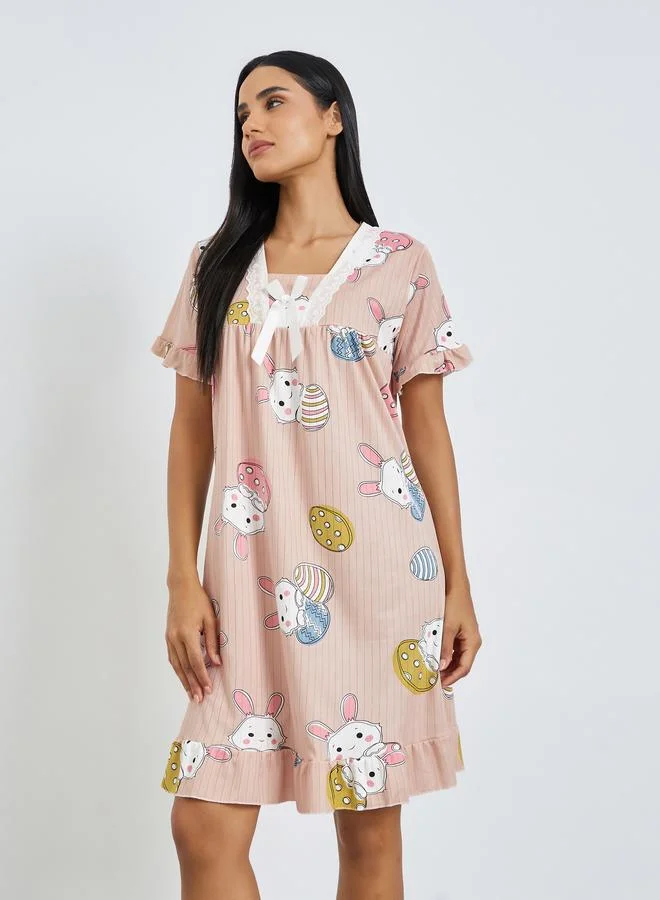 Styli Pink Bunny Print Short Sleeve Nightdress