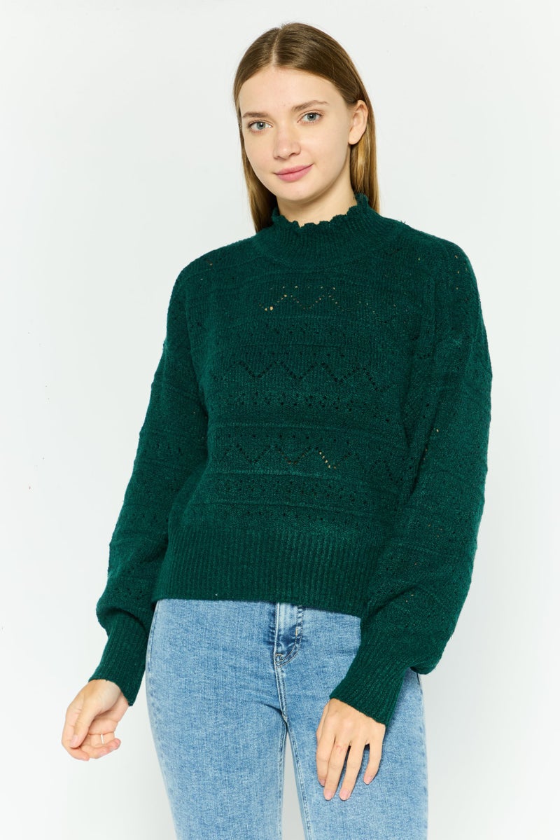 Black Tape Women Mock Neck Knitted Sweater, Green  - Image 1