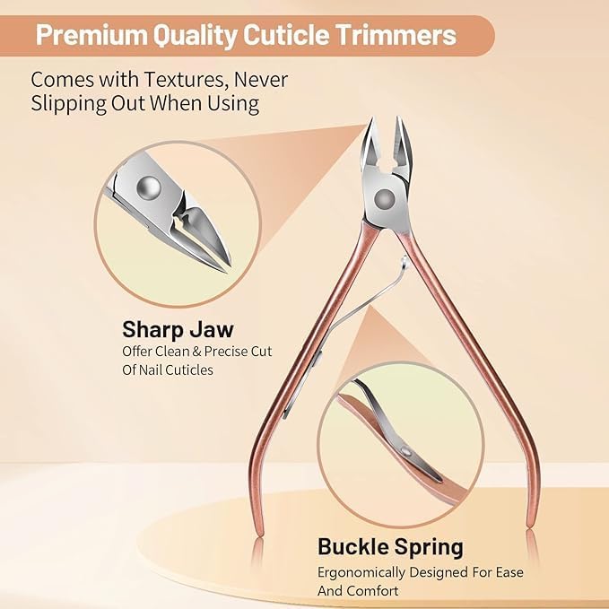 VDHJA VDHJA 16in1 Stainless Steel Professional Manicure Pedicure Kit with Nail Clippers Scissors Acne Remover Needle Luxury Leather Case Grooming Set for Men Women Peach - Image 5