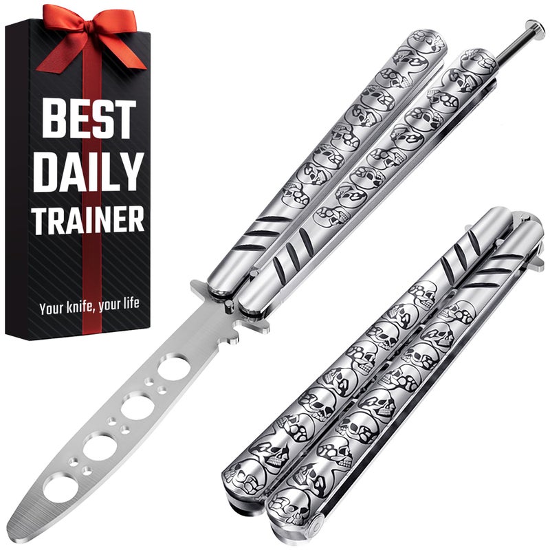 GOOD WORKER Butterfly Knife - Balisong Trainer - Silver Practice Butterfly Trainer with Sure Spring Latch - Balisong Knives NOT Real NOT Sharp Blade - Full Stainless Steel Fake Dull Trick CSGO Fidget Toy K16S - Image 1