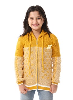 Andora Regular Fit Girls Hooded Sweater_ Mustard & White  - Image 1