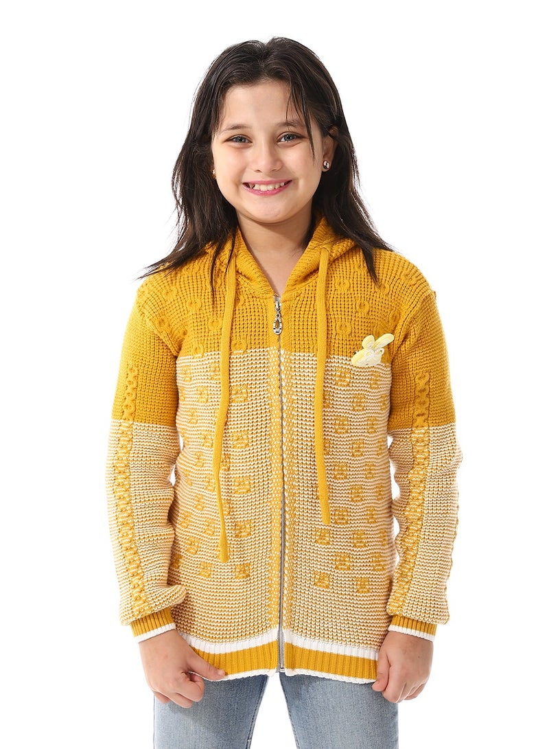 Andora Regular Fit Girls Hooded Sweater_ Mustard & White - Image 1