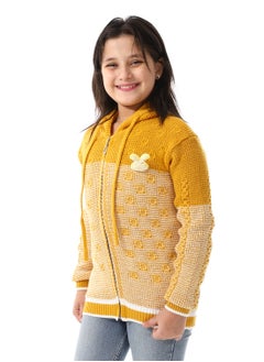 Andora Regular Fit Girls Hooded Sweater_ Mustard & White  - Image 2