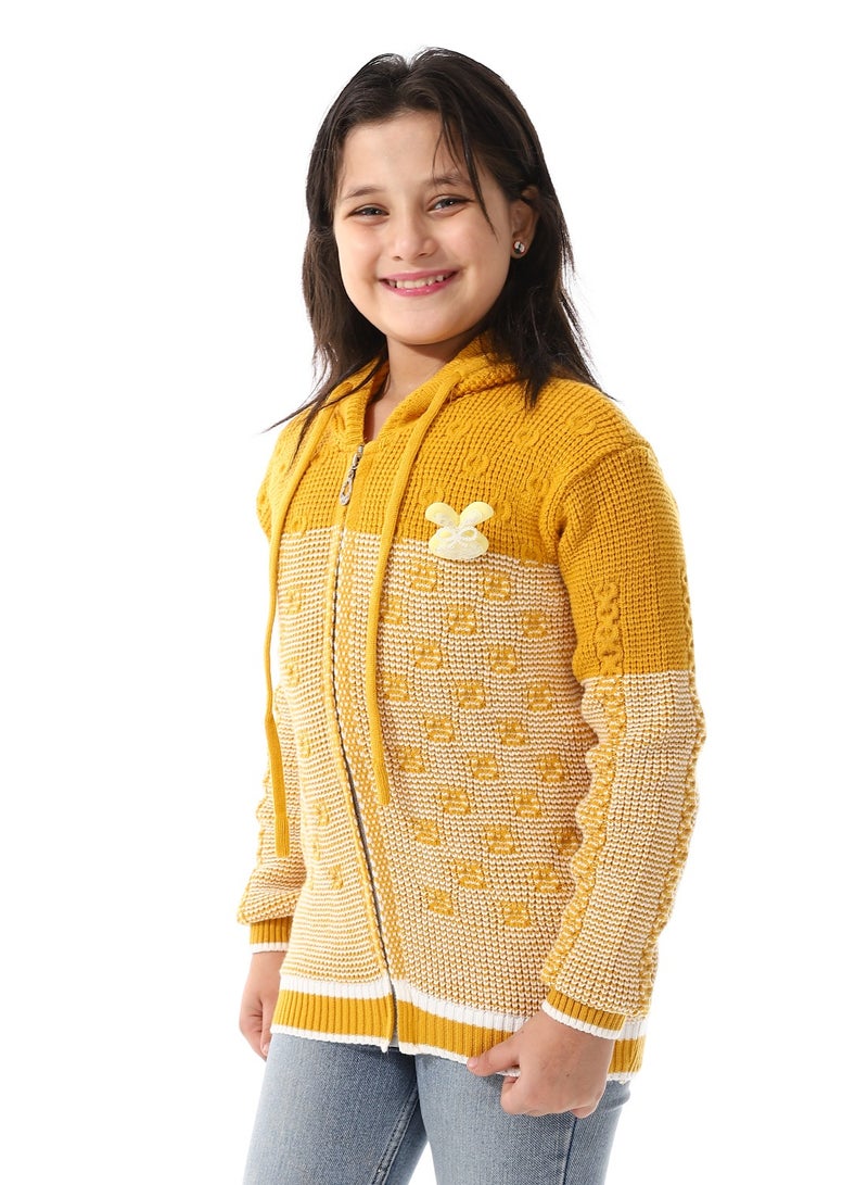 Andora Regular Fit Girls Hooded Sweater_ Mustard & White - Image 2