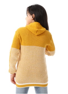 Andora Regular Fit Girls Hooded Sweater_ Mustard & White  - Image 3