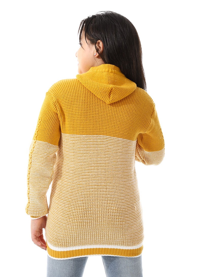 Andora Regular Fit Girls Hooded Sweater_ Mustard & White - Image 3