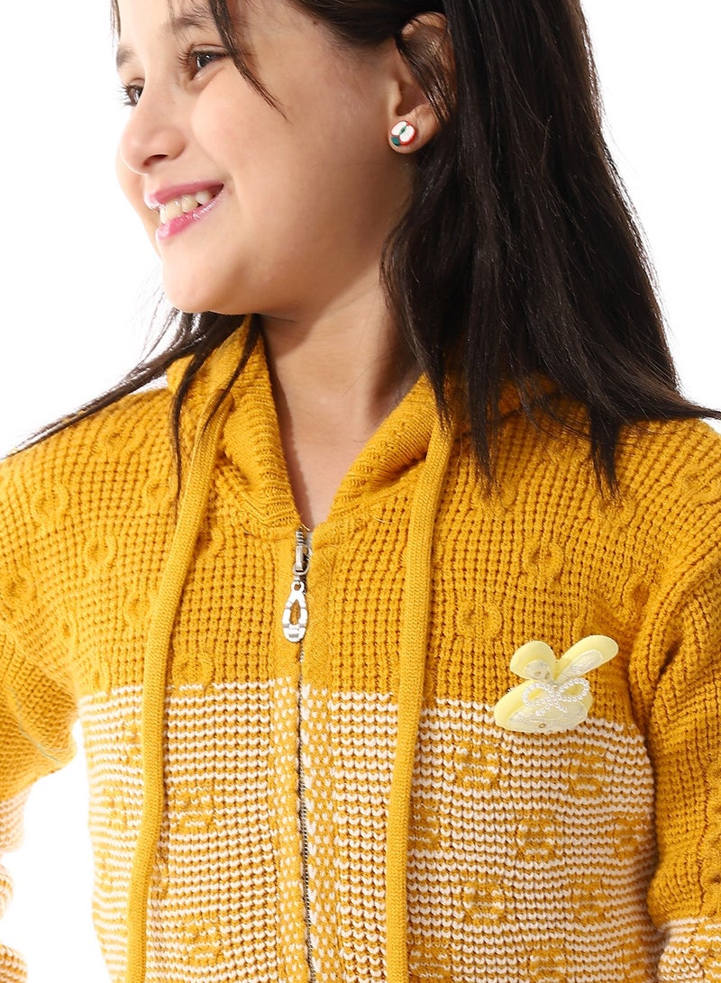 Andora Regular Fit Girls Hooded Sweater_ Mustard & White - Image 4