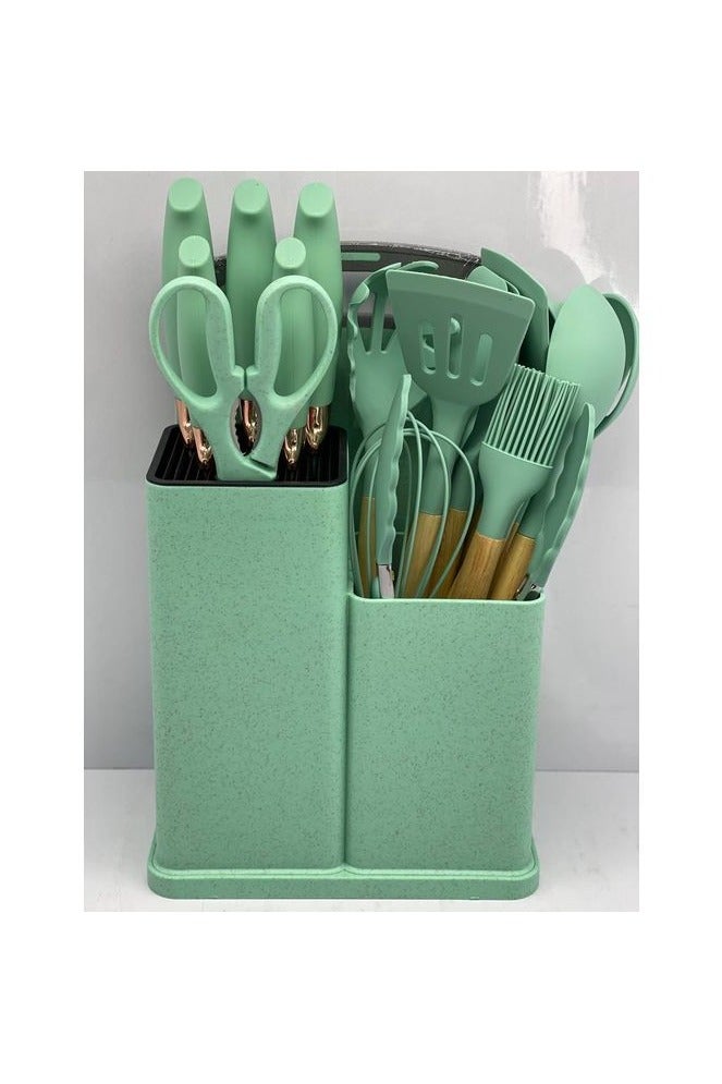 18-Piece Silicone Kitchen Utensil Set – Light Green with Stylish Holder, Knives, Cutting Board, and Durable Wooden Handles - Image 3