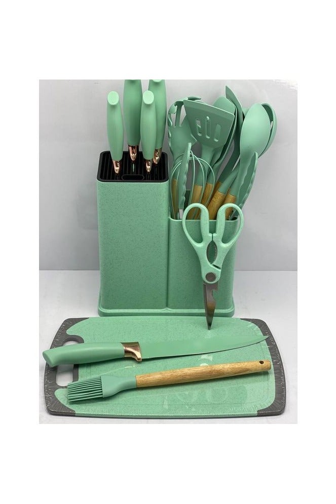 18-Piece Silicone Kitchen Utensil Set – Light Green with Stylish Holder, Knives, Cutting Board, and Durable Wooden Handles - Image 1