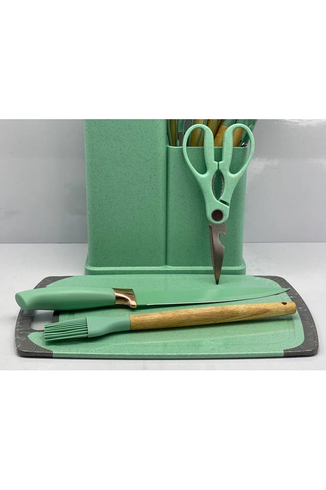 18-Piece Silicone Kitchen Utensil Set – Light Green with Stylish Holder, Knives, Cutting Board, and Durable Wooden Handles - Image 2