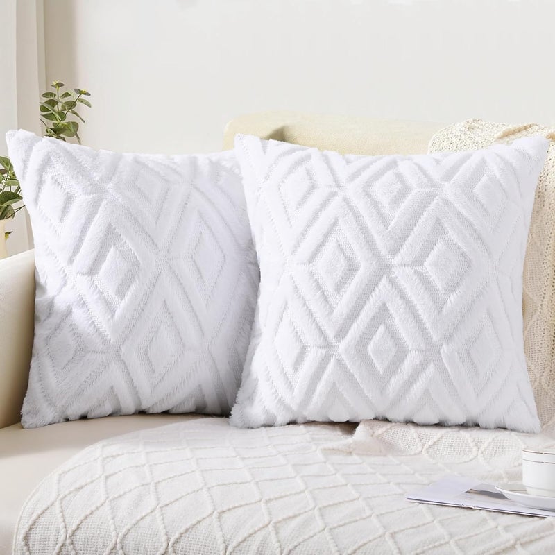 Pallene Soft Faux Fur Throw Pillow Covers 20x20 Set of 2  Plush Wool Decorative Couch Pillow Covers for Sofa Bed Living Room  with 3D Diamond Pattern  Pure White