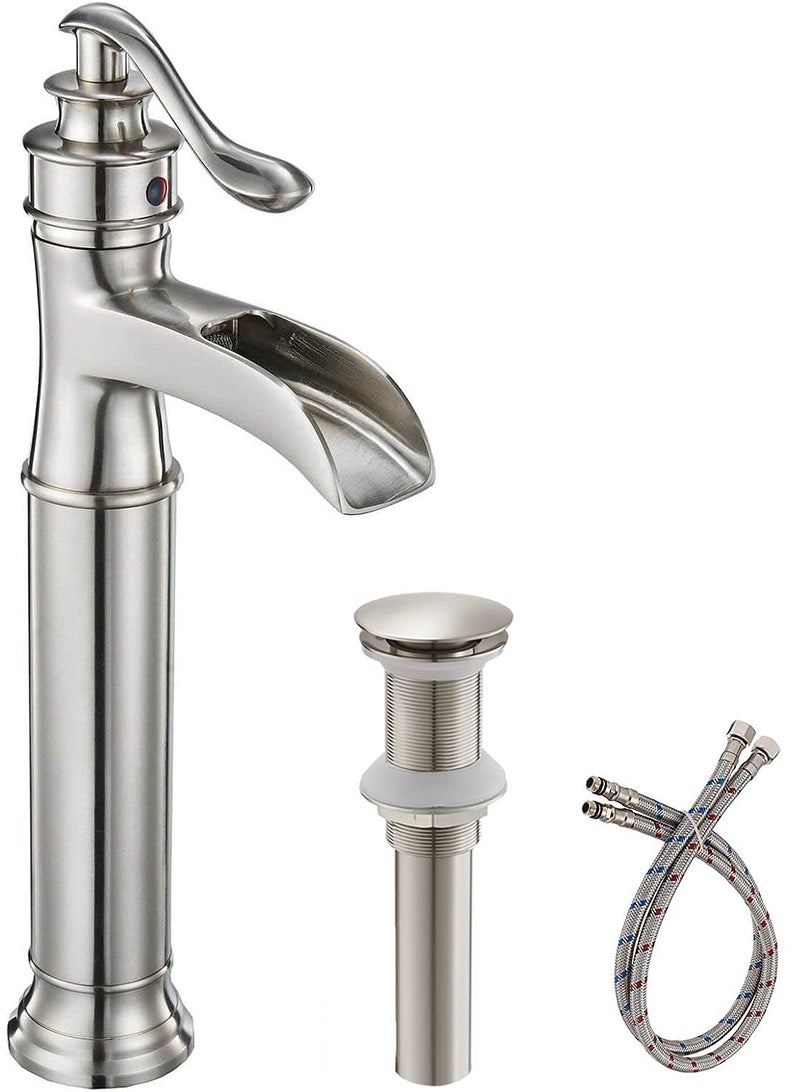 Bathroom Faucet Vessel Sink Faucet Waterfall Faucet for Sink 1 Hole with Pop Up Drain None Overflow Tall Bowl Sink Mixer Tap Deck Mount Brushed Nickel