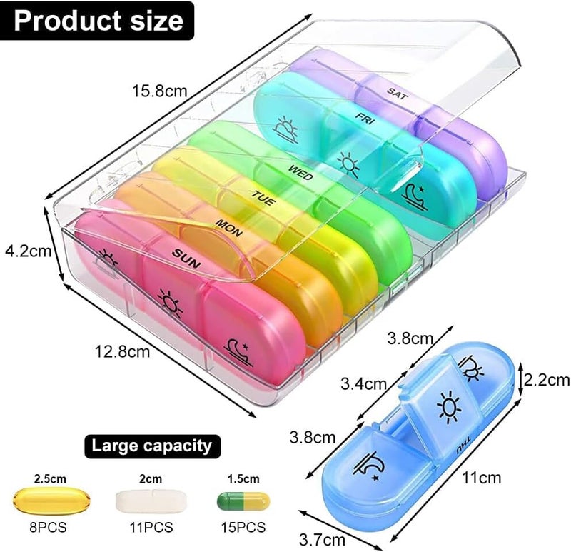 Parssufy Pill Organizer 3 Times a Day, Fullicon Large Weekly Pill Case 7 Day, Daily Pill Box with 21 Compartments, Pill Dispenser Supplement Holder for Pills/Vitamin/Fish Oil (Multicolor) - Image 4