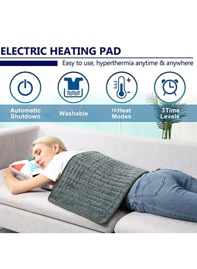 Electric Heating Pad for Back Pain Relief, 24" x 12", Grey, Flannel, 10 Heat Settings, 3 Timer Options, Auto Shut Off - Image 2