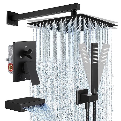 KES Black Shower Faucet Set Complete, 12 Inch Rainfall Shower Head with Handheld Spray, Waterfall Tub Spout Bathtub Faucet, Shower System, Regaderas Modernas Para Ducha, XB6305F18S12-BK - Image 1
