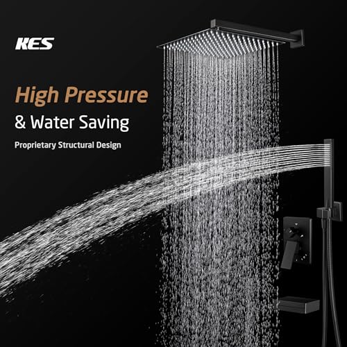 KES Black Shower Faucet Set Complete, 12 Inch Rainfall Shower Head with Handheld Spray, Waterfall Tub Spout Bathtub Faucet, Shower System, Regaderas Modernas Para Ducha, XB6305F18S12-BK - Image 2