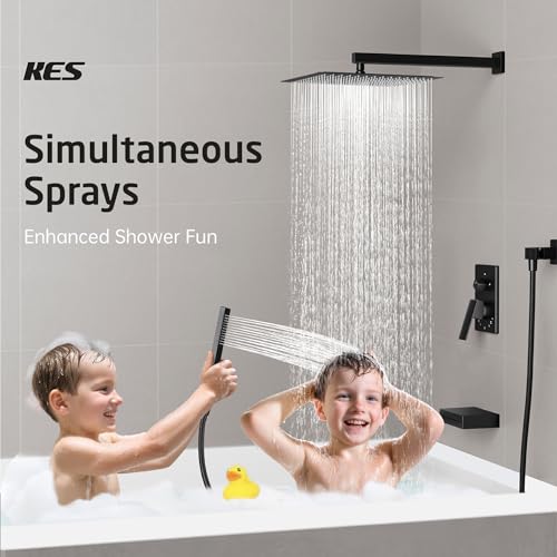 KES Black Shower Faucet Set Complete, 12 Inch Rainfall Shower Head with Handheld Spray, Waterfall Tub Spout Bathtub Faucet, Shower System, Regaderas Modernas Para Ducha, XB6305F18S12-BK - Image 4