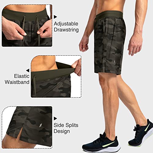 Soothfeel Men's Running Shorts with Zipper Pockets 7 Inch Lightweight Quick Dry Gym Athletic Workout Shorts for Men (Green Camo, L) - Image 5