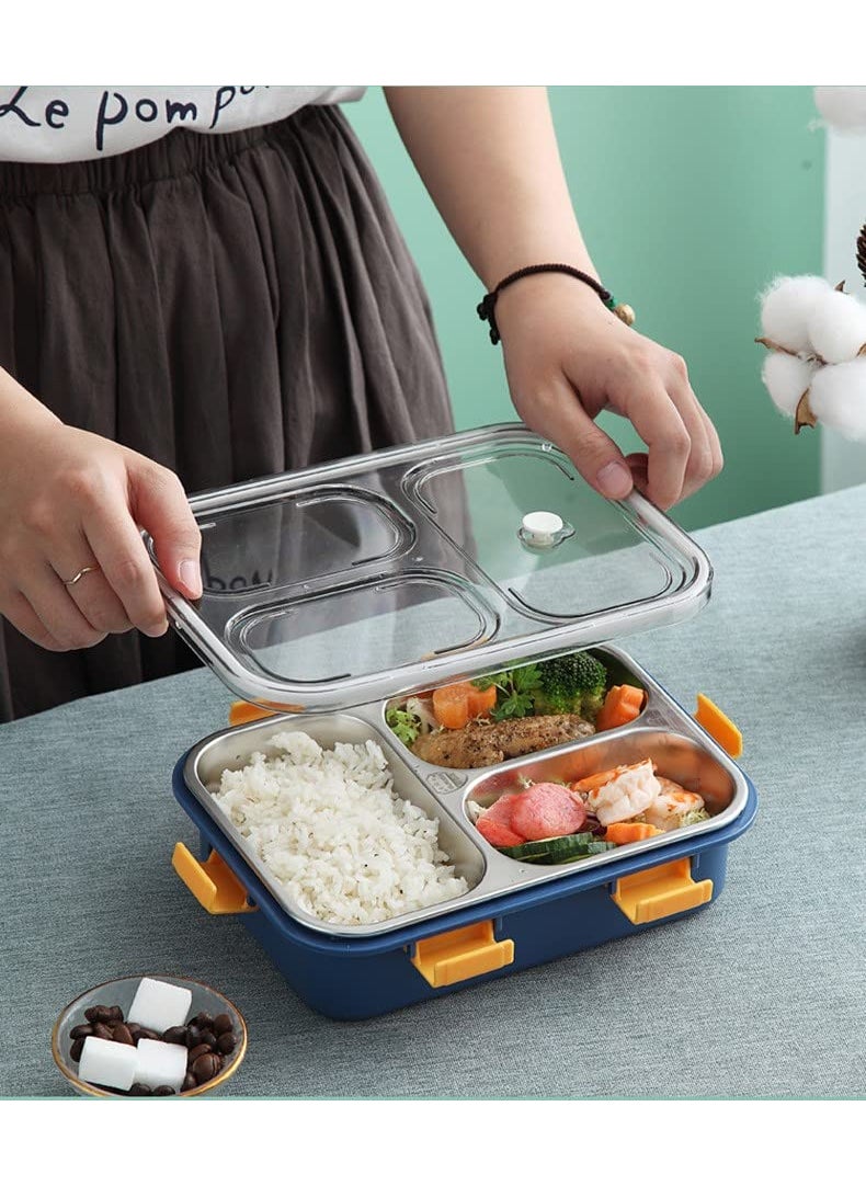 TEMSON - TEMSON Lunch Box for Kids –3 Compartment BPA Free Stainless Steel Lunch Box with Spoon, Tiffin Box for School, Lunch Box for Kids, Only for dry food (NOT LEAK PROOF) Lunch Box for School & Office-750 ML(LB-8847)(Blue) - Image 1