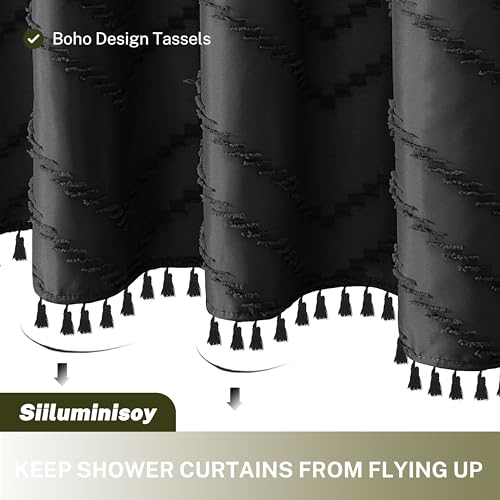 Siiluminisoy Black Boho Shower Curtain Fabric Shower Curtain for Bathroom 72 x 72 Modern Farmhouse Textured Tufted Chevron Striped Black Bathroom Decor - Image 3
