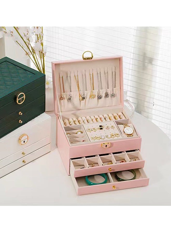 Jewelry Box for Women Girl Wife - Large PU Leather Jewelry Organizer Storage Case with 3-Layers Display for Earrings Bracelets Rings Watches (Pink) - Image 1