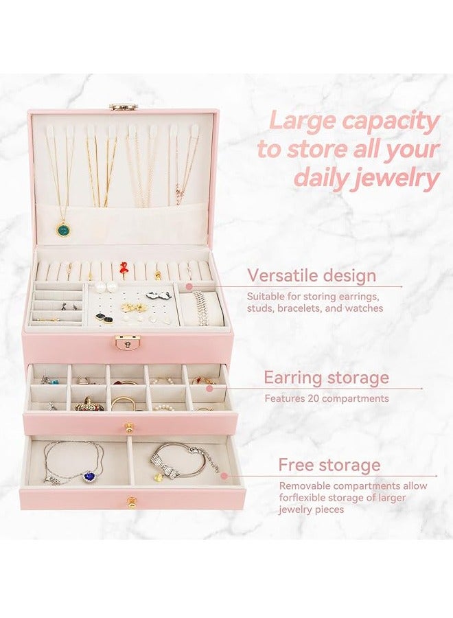 Jewelry Box for Women Girl Wife - Large PU Leather Jewelry Organizer Storage Case with 3-Layers Display for Earrings Bracelets Rings Watches (Pink) - Image 3