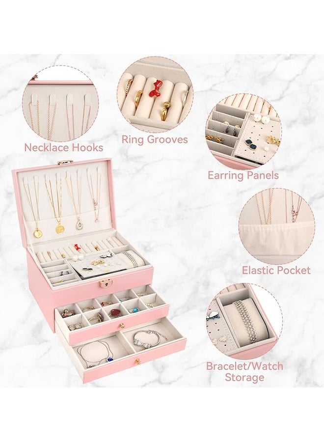 Jewelry Box for Women Girl Wife - Large PU Leather Jewelry Organizer Storage Case with 3-Layers Display for Earrings Bracelets Rings Watches (Pink) - Image 2