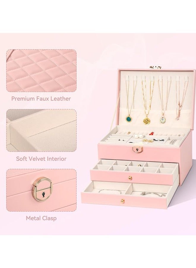 Jewelry Box for Women Girl Wife - Large PU Leather Jewelry Organizer Storage Case with 3-Layers Display for Earrings Bracelets Rings Watches (Pink) - Image 4