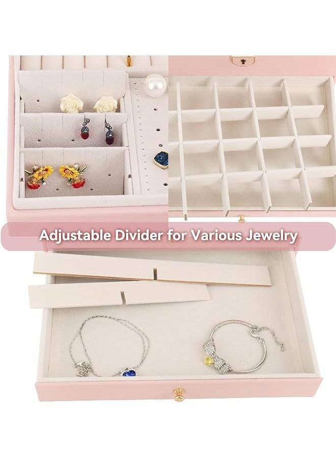 Jewelry Box for Women Girl Wife - Large PU Leather Jewelry Organizer Storage Case with 3-Layers Display for Earrings Bracelets Rings Watches (Pink) - Image 5