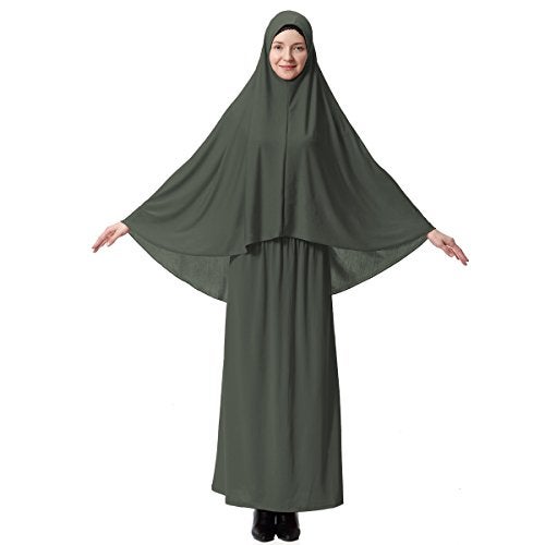 XINFU Muslim Islamic Women's khimar 2pcs Sets Soft Distinctive Prayer Dress Hijab Abaya Suit - Armygreen - Image 5