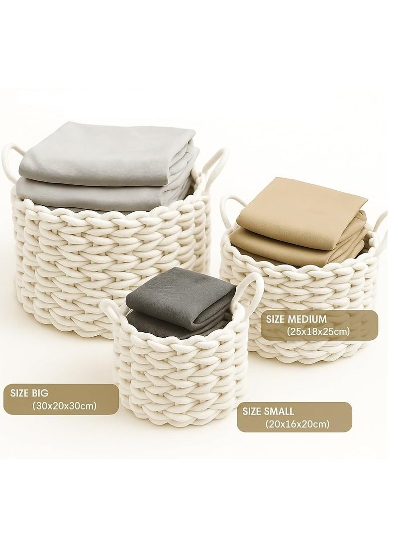 HOME TASTE Woven Storage Baskets Set of 3 – Cotton Rope Decorative Round Basket with Handles for Baby Nursery, Living Room, Bedroom, Bathroom, Office & Dorm – Organize Books, Toys, Clothes, Towels & Magazines  - Image 2