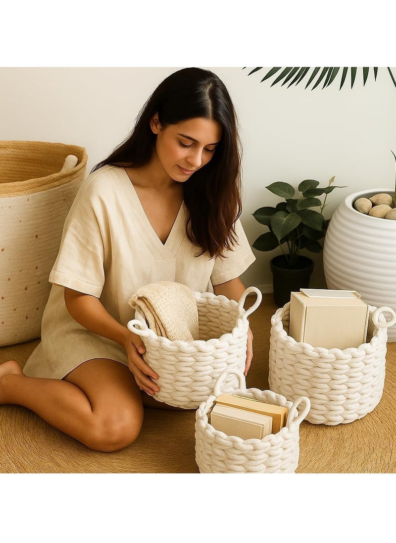 HOME TASTE Woven Storage Baskets Set of 3 – Cotton Rope Decorative Round Basket with Handles for Baby Nursery, Living Room, Bedroom, Bathroom, Office & Dorm – Organize Books, Toys, Clothes, Towels & Magazines  - Image 3