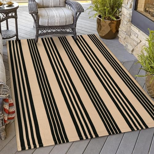 OJIA Outdoor Area Rugs 4'x6', Black and Tan Outdoor Rug Machine Washable Patio Rugs Cotton Hand Woven Entryway Rug Indoor Rugs for Bedroom/Porch/Deck/Backyard/Camping/Living Room - Image 1