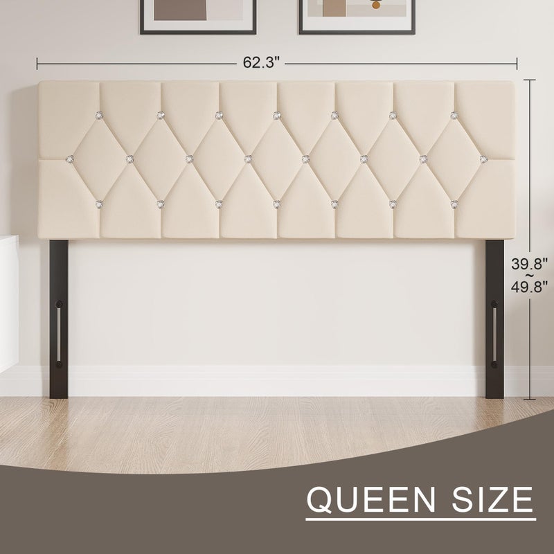 VECELO Tufted Upholstered Headboard Queen Size, with 6 Adjustable Height from 39.8" to 49.8", Button Diamond Design, Easy Assembly, Beige - Image 2