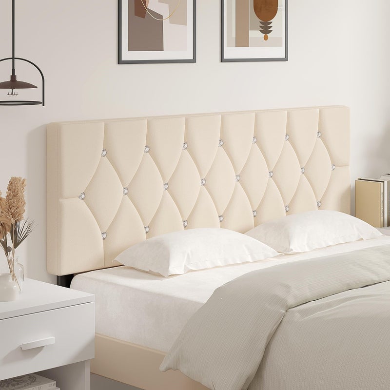 VECELO Tufted Upholstered Headboard Queen Size, with 6 Adjustable Height from 39.8" to 49.8", Button Diamond Design, Easy Assembly, Beige - Image 1