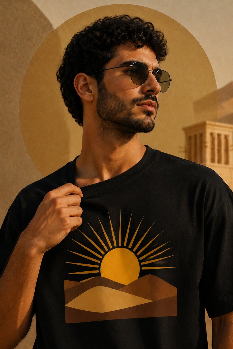 تي شيرت رجالي أسود بطبعة شروق الصحراء بقصة واسعة وتصميم عصري بأكمام قصيرة وياقة دائرية - Image 5