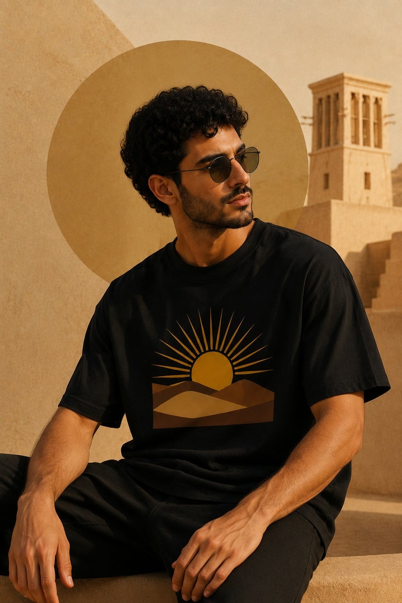 تي شيرت رجالي أسود بطبعة شروق الصحراء بقصة واسعة وتصميم عصري بأكمام قصيرة وياقة دائرية - Image 4