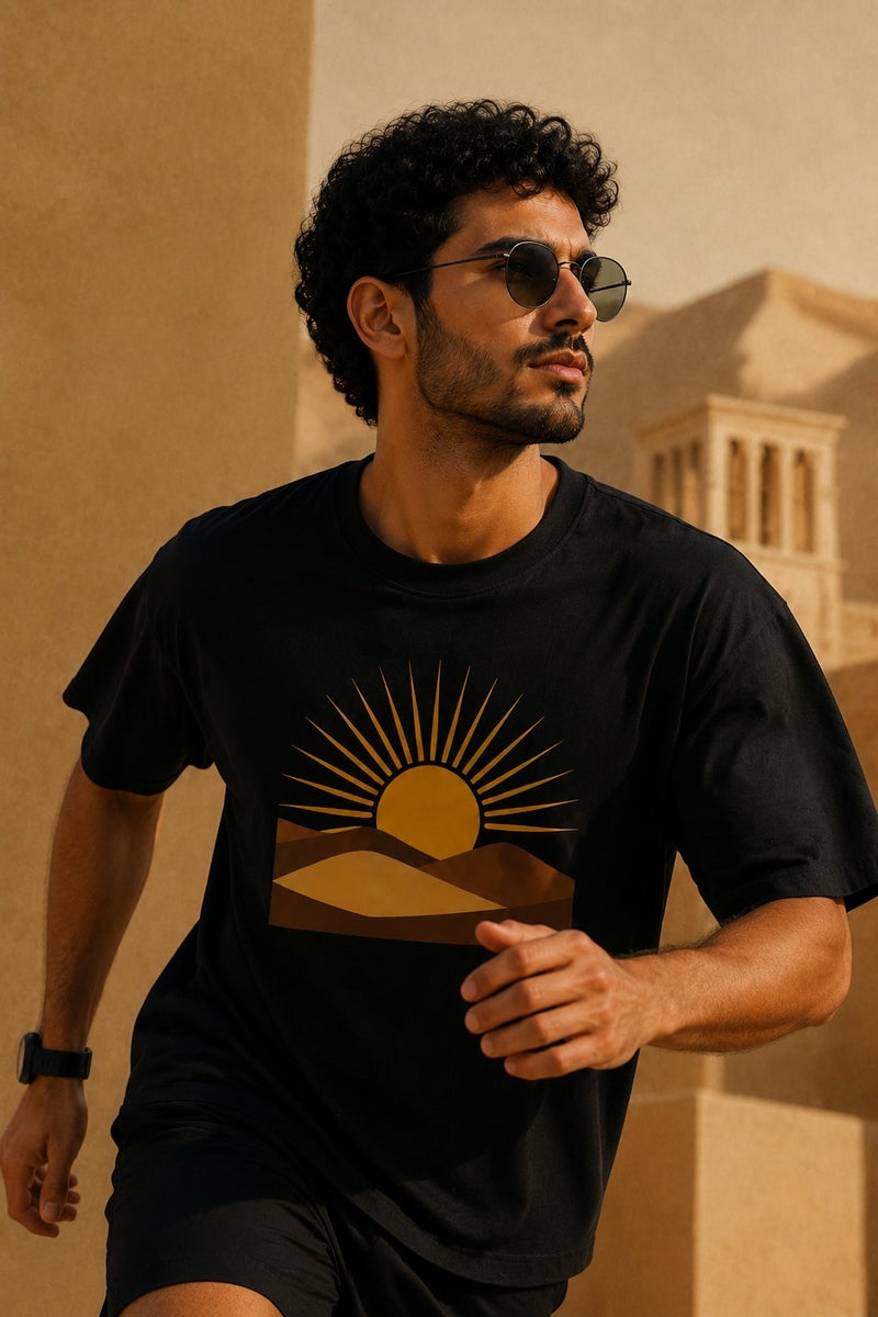 تي شيرت رجالي أسود بطبعة شروق الصحراء بقصة واسعة وتصميم عصري بأكمام قصيرة وياقة دائرية - Image 3