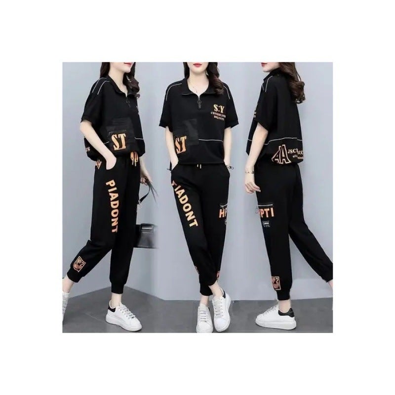 2024 plus size summer new western style age-reducing fashionable suit fat sister loose slimming leisure sports two-piece suit Black