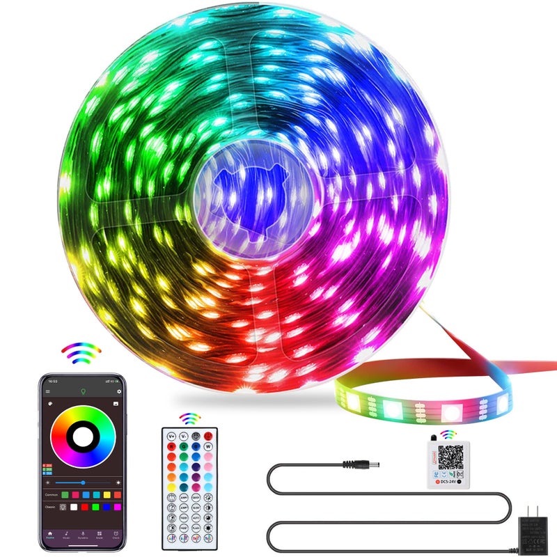 أضواء LED QZYL لغرفة النوم 25 قدم شريط LED RGB مع جهاز تحكم عن بعد IR بـ 44 مفتاح شريط ضوء LED ذكي مع خلفية لاصقة سطوع قابل للتعديل تحكم عبر التطبيق لتزيين غرفة النوم والحفلات