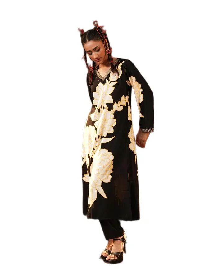 ISHIN Women's Black Rayon Printed Tunic Upper Calf Length Pleat Front Bottom Straight Fit 2 Peice Kurta Set