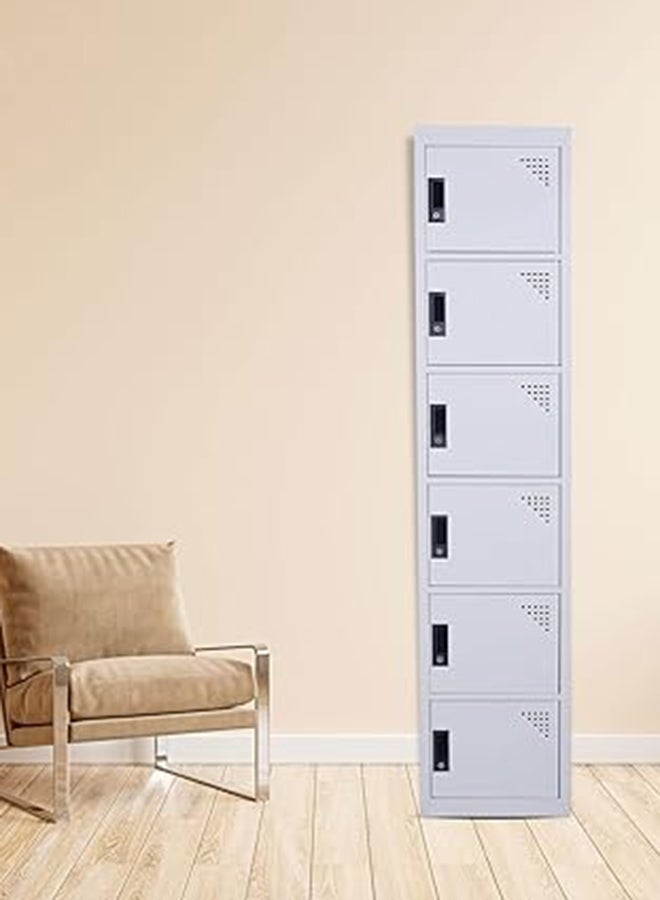 RIGID Six doors locker, Steel Metal Storage Locker- with 5 shelf - for Home & School & Office - Lock With plastic handle (Grey) - Image 1