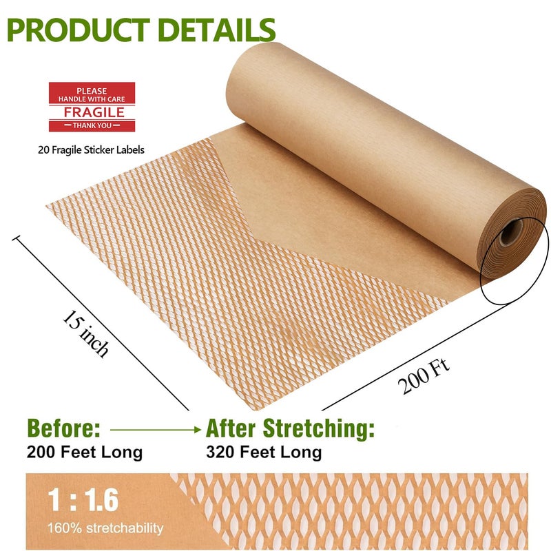 Besitek Honeycomb Packing Paper Wrap 15"x200' Sustainable Alternative to Bubble Cushioning Wrap for Moving/shipping/packing Roll with 20 Fragile Sticker Biodegradable & Fully Recylable - Image 2
